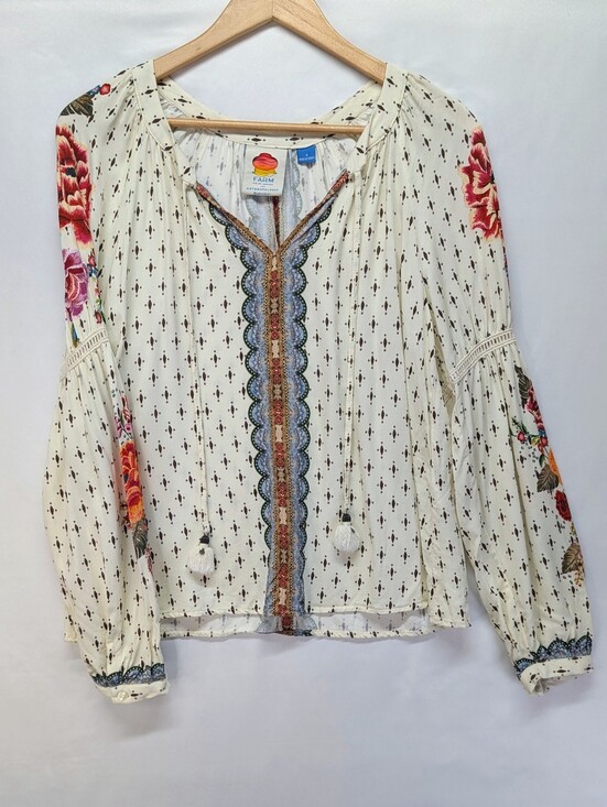 Anthropologie Tops - Farm Rio Anthropologie Cream Peasant Blouse with Multicolor Floral Trim